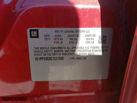2012 Chevrolet Cruze LT w/1LT with VIN 1G1PF5SC8C7237096, listed as a Copart auction lot 49981175 with 170,562 mi miles and Salvage Title. Bid and sale history available at carsss.com. Image 13.