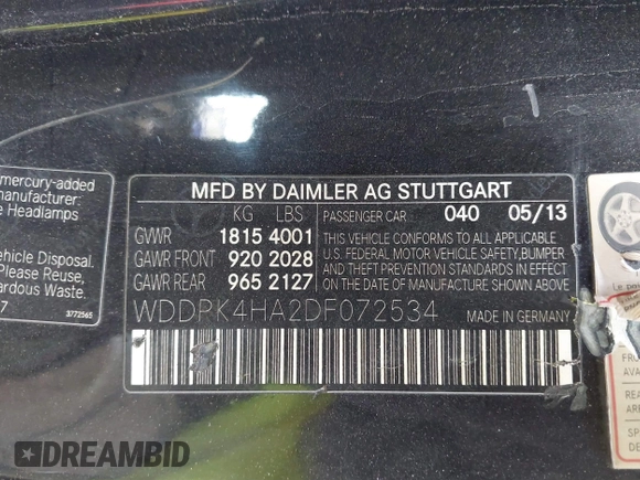 2013 Mercedes-Benz SLK 250 with VIN WDDPK4HA2DF072534, listed as a IAAI auction lot 41749467 with Not provided miles and . Bid and sale history available at DreamBid. Image 9.
