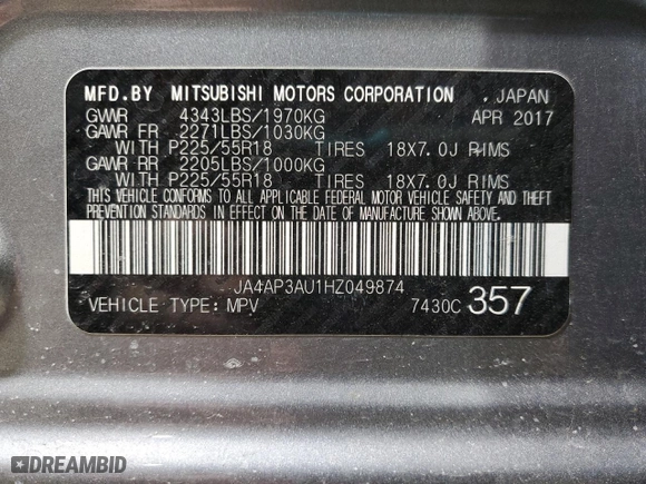 2017 Mitsubishi Outlander Sport ES 2.0 with VIN JA4AP3AU1HZ049874, listed as a Copart auction lot 43340795 with 178,529 mi miles and Salvage Title. Bid and sale history available at carsss.com. Image 13.
