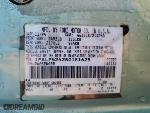 1995 Ford Taurus GL z VIN 1FALP5242SG181625, wystawiony jako Copart lot #81184774 z przebiegiem 107 385 mil mil oraz Szkoda całkowita • Salvage title. Historia ofert i sprzedaży dostępna na DreamBid. Obrazek 12.