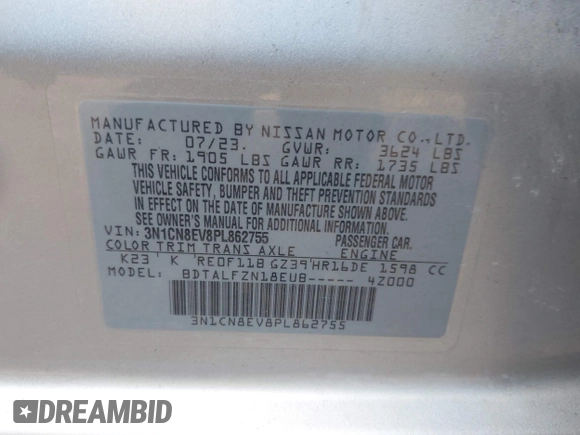 2023 Nissan Versa SV z VIN 3N1CN8EV8PL862755, wystawiony jako IAAI lot #42261886 z przebiegiem 36 249 mil mil oraz . Historia ofert i sprzedaży dostępna na DreamBid. Obrazek 9.