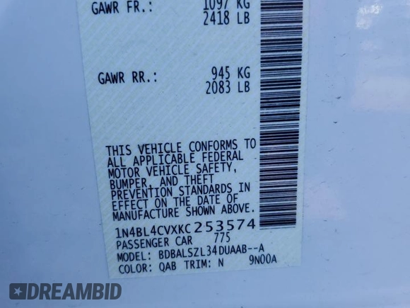 2019 Nissan Altima 2.5 SR with VIN 1N4BL4CVXKC253574, listed as a Copart auction lot 47354915 with 50,460 mi miles and Salvage Title. Bid and sale history available at carsss.com. Image 13.