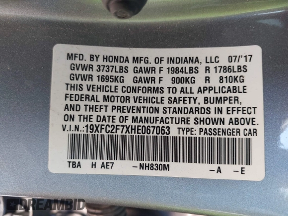 2017 Honda Civic Sedan EX with VIN 19XFC2F7XHE067063, listed as a IAAI auction lot 41820713 with 74,592 mi miles. Bid and sale history available at carsss.com. Image 9.