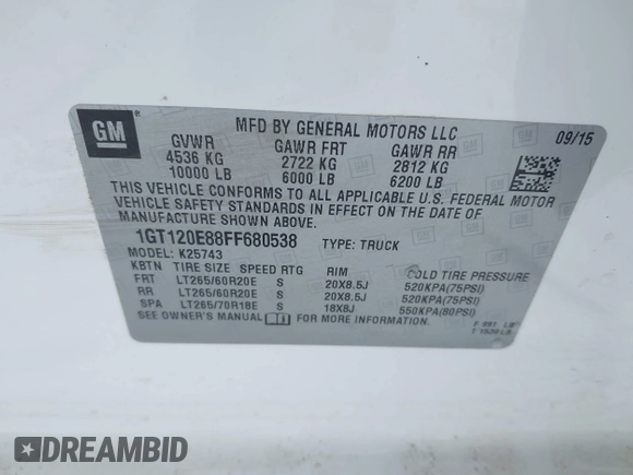 2015 GMC Sierra 2500HD available WiFi Denali with VIN 1GT120E88FF680538, listed as a IAAI auction lot 41571684 with 125,147 mi miles. Bid and sale history available at carsss.com. Image 9.