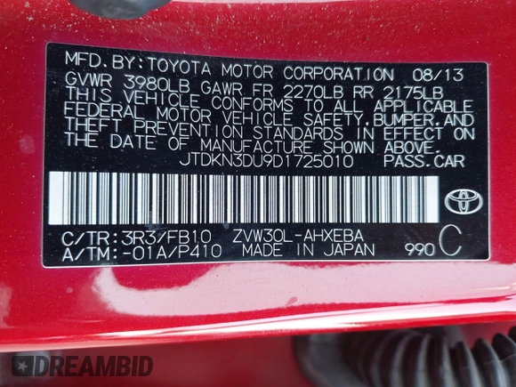 2013 Toyota Prius One with VIN JTDKN3DU9D1725010, listed as a IAAI auction lot 41955615 with 266,378 mi miles and . Bid and sale history available at carsss.com. Image 9.