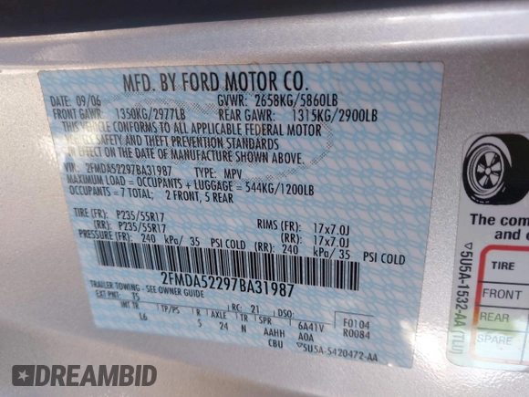 2007 Ford Freestar SEL z VIN 2FMDA52297BA31987, wystawiony jako IAAI lot #41385567 z przebiegiem 133 154 mil mil oraz . Historia ofert i sprzedaży dostępna na DreamBid. Obrazek 9.