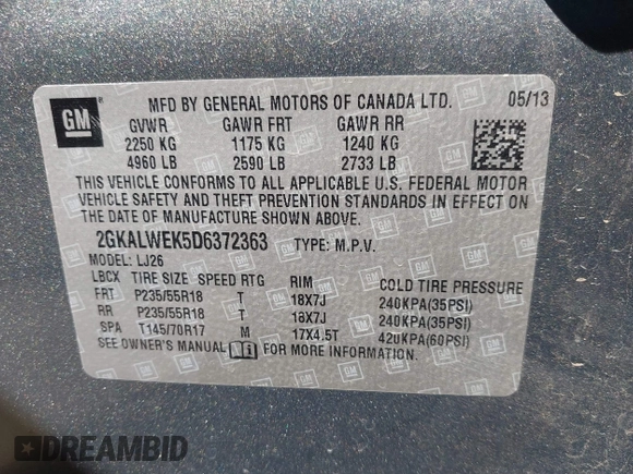 2013 GMC Terrain SLT with VIN 2GKALWEK5D6372363, listed as a IAAI auction lot 42519219 with 179,768 mi miles and . Bid and sale history available at DreamBid. Image 9.
