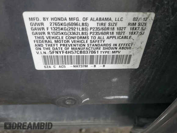 2012 Honda Pilot EX-L with VIN 5FNYF4H57CB037061, listed as a Copart auction lot 64604515 with 181,415 mi miles and Clean title. Bid and sale history available at DreamBid. Image 14.