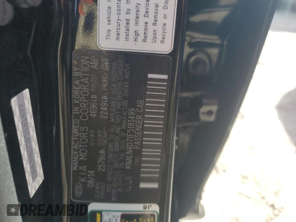 2015 Kia Cadenza Premium with VIN KNALN4D71F5181499, listed as a Copart auction lot 76159924 with 59,659 mi miles and Salvage Title. Bid and sale history available at carsss.com. Image 13.