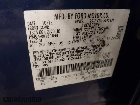 2015 Ford Edge SEL with VIN 2FMTK4J9XFBC04898, listed as a IAAI auction lot 41397525 with 121,319 mi miles. Bid and sale history available at carsss.com. Image 9.