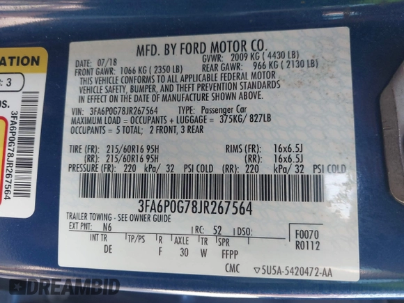 2018 Ford Fusion S with VIN 3FA6P0G78JR267564, listed as a IAAI auction lot 41862967 with 84,664 mi miles. Bid and sale history available at carsss.com. Image 9.