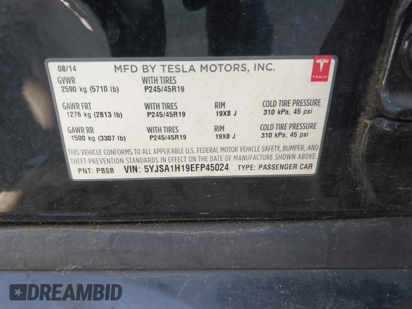 2014 Tesla Model S 60 z VIN 5YJSA1H19EFP45024, wystawiony jako IAAI lot #41960222 z przebiegiem 108 573 mil mil oraz . Historia ofert i sprzedaży dostępna na DreamBid. Obrazek 9.