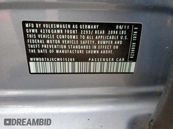2012 Volkswagen Golf with VIN WVWDB7AJ6CW015289, listed as a Copart auction lot 54729685 with 77,008 mi miles and Salvage Title. Bid and sale history available at DreamBid. Image 13.