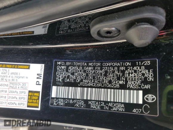 2024 Toyota Corolla SE with VIN JTDS4MCE6RJ106228, listed as a Copart auction lot 45608915 with 15,566 mi miles and Clean Title. Bid and sale history available at DreamBid. Image 12.