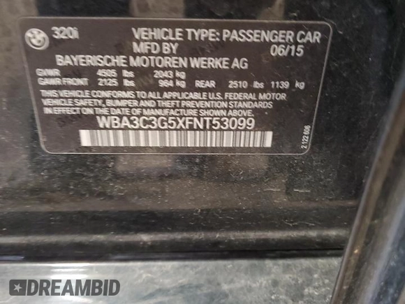 2015 BMW 3 Series 320i xDrive with VIN WBA3C3G5XFNT53099, listed as a Copart auction lot 54238535 with 86,149 mi miles and Salvage title. Bid and sale history available at DreamBid. Image 13.