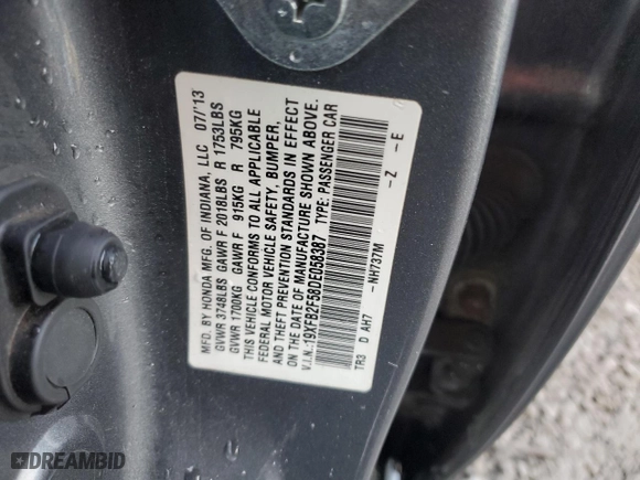 2013 Honda Civic Sdn LX with VIN 19XFB2F58DE058387, listed as a Copart auction lot 50608665 with 186,306 mi miles and Salvage Title. Bid and sale history available at carsss.com. Image 13.