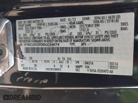 2013 Ford Escape SE with VIN 1FMCU0GX0DUC64074, listed as a IAAI auction lot 42419711 with 91,808 mi miles and . Bid and sale history available at DreamBid. Image 9.