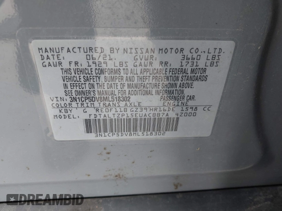 2021 Nissan Kicks SR with VIN 3N1CP5DV8ML518302, listed as a IAAI auction lot 41264904 with Not Provided miles and . Bid and sale history available at DreamBid. Image 9.