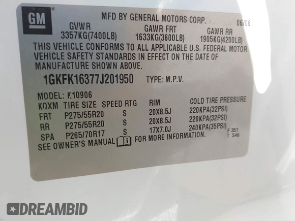 2007 GMC Yukon XL SLT with VIN 1GKFK16377J201950, listed as a IAAI auction lot 41665942 with 1 mi miles. Bid and sale history available at carsss.com. Image 9.