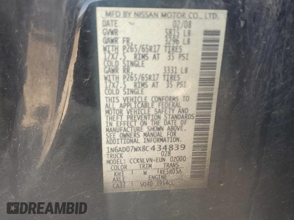 2008 Nissan Frontier SE with VIN 1N6AD07WX8C434839, listed as a Copart auction lot 57076735 with 229,000 mi miles and Clean title. Bid and sale history available at DreamBid. Image 13.