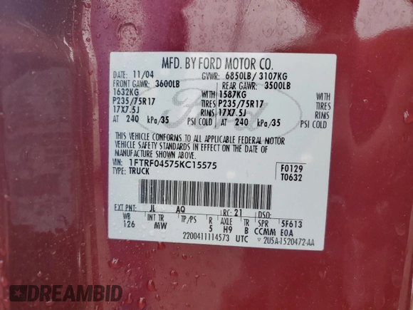 2005 Ford F-150 XLT with VIN 1FTRF04575KC15575, listed as a Copart auction lot 88153045 with 99,896 mi miles and Salvage Title. Bid and sale history available at carsss.com. Image 12.