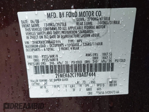 2009 Ford Flex SEL with VIN 2FMEK62C19BA07444, listed as a IAAI auction lot 41794997 with 188,867 mi miles. Bid and sale history available at carsss.com. Image 9.