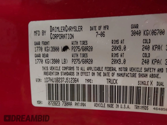2007 Dodge 1500 SLT with VIN 1D7HU18237J512364, listed as a IAAI auction lot 42027871 with 164,273 mi miles. Bid and sale history available at carsss.com. Image 9.