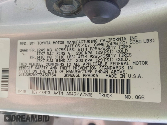 2007 Toyota Tacoma PreRunner с VIN 5TEJU62NX7Z450754, выставлен на аукционе IAAI как лот 42167915 с пробегом 221 560 миль миль и . История ставок и продаж доступна на DreamBid. Изображение 9.