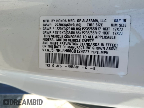 2016 Honda Odyssey EX-L with VIN 5FNRL5H66GB129277, listed as a Copart auction lot 54851955 with 147,496 mi miles and Clean Title. Bid and sale history available at carsss.com. Image 13.