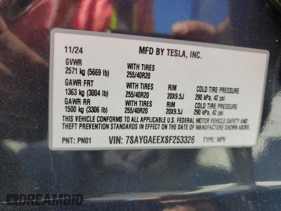 2025 Tesla Model Y Long Range with VIN 7SAYGAEEXSF253326, listed as a Copart auction lot 49527965 with 5,803 mi miles and Salvage Title. Bid and sale history available at DreamBid. Image 16.