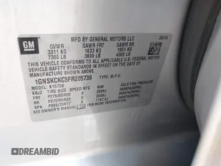 2015 Chevrolet Tahoe LTZ with VIN 1GNSKCKC5FR205739, listed as a IAAI auction lot 40020644 with 142,524 mi miles and . Bid and sale history available at DreamBid. Image 9.