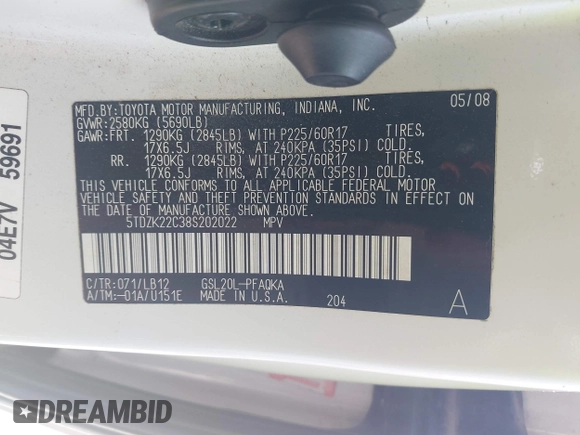 2008 Toyota Sienna XLE with VIN 5TDZK22C38S202022, listed as a IAAI auction lot 42156913 with 254,552 mi miles and . Bid and sale history available at DreamBid. Image 9.
