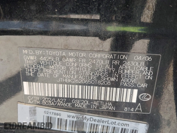 2006 Lexus IS 250 z VIN JTHBK262065018208, wystawiony jako IAAI lot #42450518 z przebiegiem 137 352 mil mil oraz . Historia ofert i sprzedaży dostępna na DreamBid. Obrazek 9.