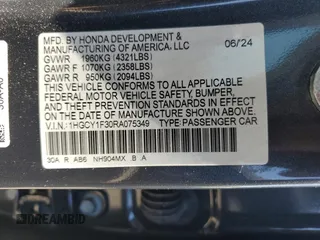 2024 Honda Accord EX with VIN 1HGCY1F30RA075349, listed as a Copart auction lot 54143685 with 11,912 mi miles and Salvage title. Bid and sale history available at DreamBid. Image 12.