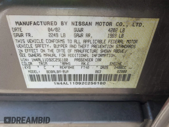 2002 Nissan Altima S with VIN 1N4AL11D92C256180, listed as a IAAI auction lot 41880101 with 112,228 mi miles. Bid and sale history available at carsss.com. Image 9.