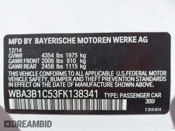2015 BMW 3 Series 320i with VIN WBA3B1C53FK138341, listed as a IAAI auction lot 41757490 with 125,280 mi miles. Bid and sale history available at carsss.com. Image 9.
