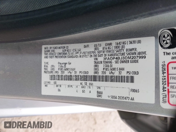 2013 Ford Fiesta SE z VIN 3FADP4BJ3DM207999, wystawiony jako IAAI lot #41880992 z przebiegiem 133 443 mil mil oraz . Historia ofert i sprzedaży dostępna na DreamBid. Obrazek 9.