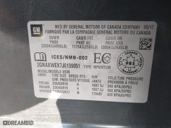 2018 Chevrolet Equinox Premier with VIN 2GNAXWEX7J6139051, listed as a IAAI auction lot 41216437 with 105,453 mi miles. Bid and sale history available at carsss.com. Image 9.