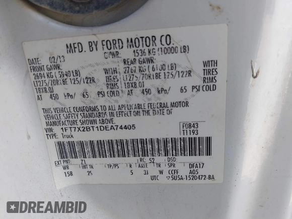 2013 Ford F-250 XL with VIN 1FT7X2BT1DEA74405, listed as a IAAI auction lot 41742953 with 443,862 mi miles and . Bid and sale history available at DreamBid. Image 9.