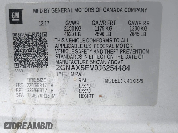 2018 Chevrolet Equinox LT with VIN 2GNAXSEV0J6254484, listed as a IAAI auction lot 41555774 with 126,502 mi miles. Bid and sale history available at carsss.com. Image 9.