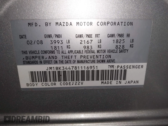 2008 Mazda 3 S GT with VIN JM1BK344781116951, listed as a IAAI auction lot 42029157 with 167,428 mi miles and . Bid and sale history available at DreamBid. Image 9.