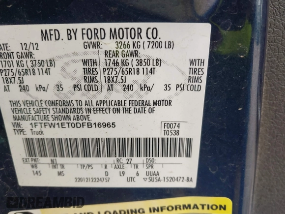 2013 Ford F-150 XL with VIN 1FTFW1ET0DFB16965, listed as a IAAI auction lot 42503215 with 194,637 mi miles and . Bid and sale history available at DreamBid. Image 9.