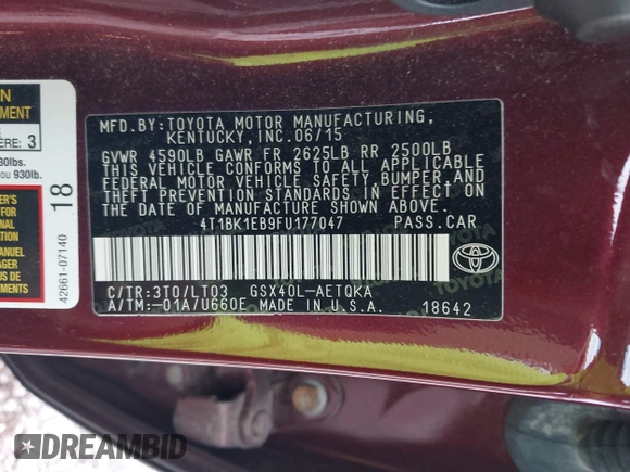 2015 Toyota Avalon Limited with VIN 4T1BK1EB9FU177047, listed as a IAAI auction lot 41971667 with 100,811 mi miles and . Bid and sale history available at DreamBid. Image 9.