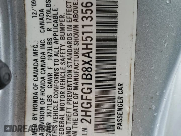 2010 Honda Civic Cpe EX with VIN 2HGFG1B8XAH511356, listed as a Copart auction lot 51347645 with 233,090 mi miles and Salvage Title. Bid and sale history available at carsss.com. Image 12.