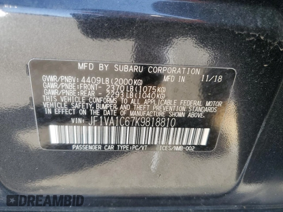 2019 Subaru WRX Premium with VIN JF1VA1C67K9818810, listed as a Copart auction lot 55496445 with 75,497 mi miles and Clean Title. Bid and sale history available at carsss.com. Image 12.