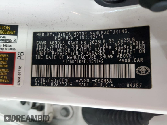 2015 Toyota Camry LE with VIN 4T1BD1FK4FU151142, listed as a Copart auction lot 55999835 with 282,000 mi miles and Clean Title. Bid and sale history available at DreamBid. Image 12.