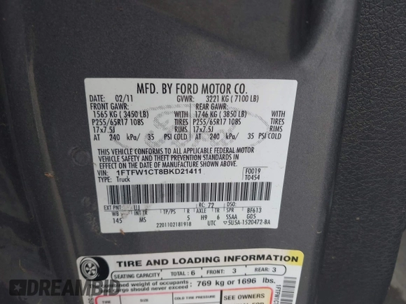 2011 Ford F-150 XLT with VIN 1FTFW1CT8BKD21411, listed as a IAAI auction lot 42077959 with 152,665 mi miles. Bid and sale history available at carsss.com. Image 9.