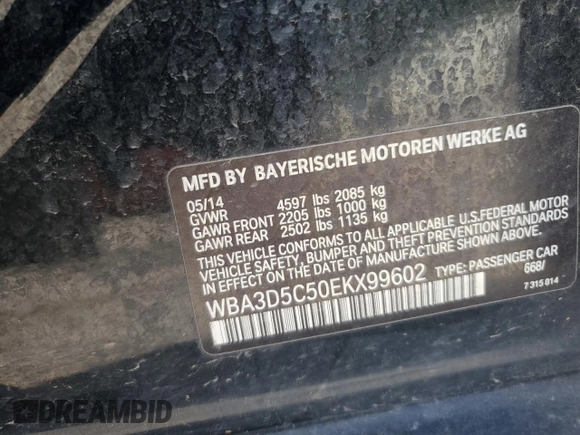2014 BMW 3 Series 328d xDrive with VIN WBA3D5C50EKX99602, listed as a Copart auction lot 60209005 with 133,948 mi miles and Clean title. Bid and sale history available at DreamBid. Image 12.
