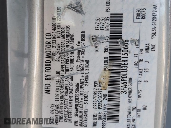 2014 Ford Fusion SE Hybrid with VIN 3FA6P0LU3ER150606, listed as a Copart auction lot 62859575 with 218,371 mi miles and Salvage title. Bid and sale history available at DreamBid. Image 13.
