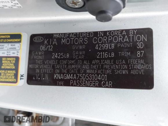 2013 Kia Optima LX with VIN KNAGM4A75D5310401, listed as a IAAI auction lot 41959774 with 198,339 mi miles. Bid and sale history available at carsss.com. Image 9.